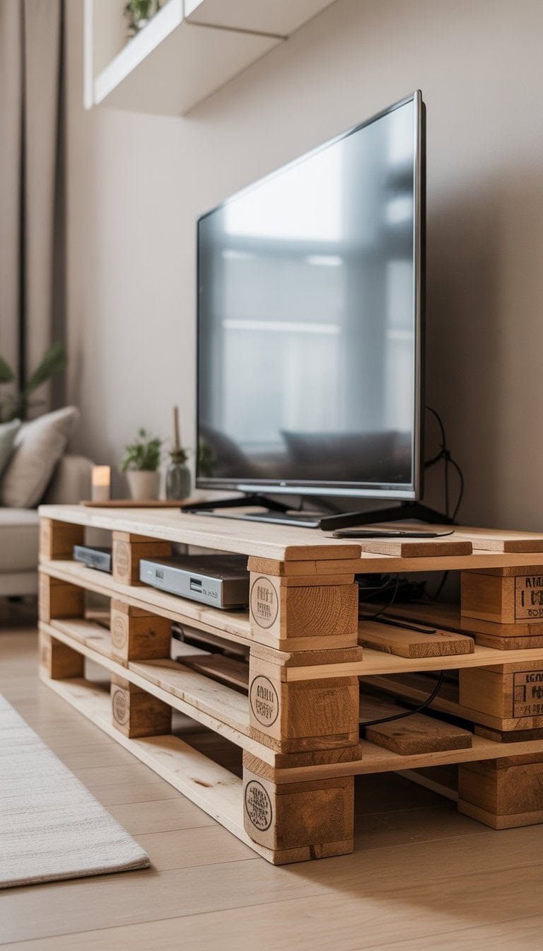 A wooden pallet TV stand with a flat-screen television and neatly organized cables in a bright living room.