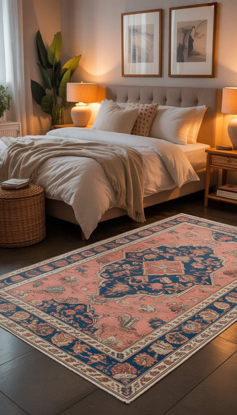 A cozy guest bedroom with a bed, bedside lamps, and a patterned rug on the floor.