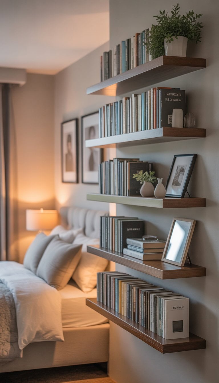 A cozy guest bedroom with floating shelves displaying books and decorative items above a comfortable bed.