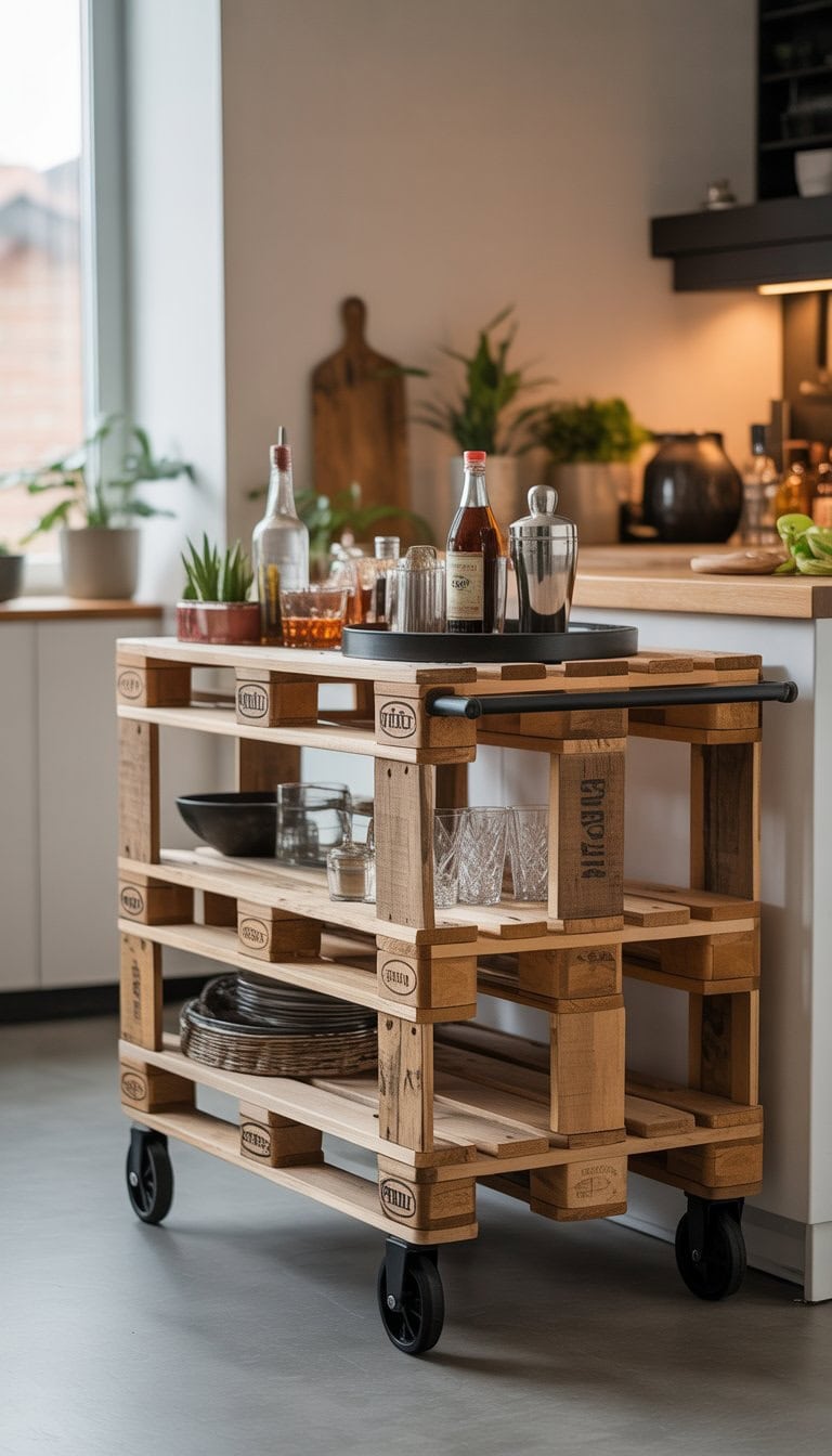 A wooden pallet bar cart with metal wheels and shelves holding bottles and glassware in a bright modern room.