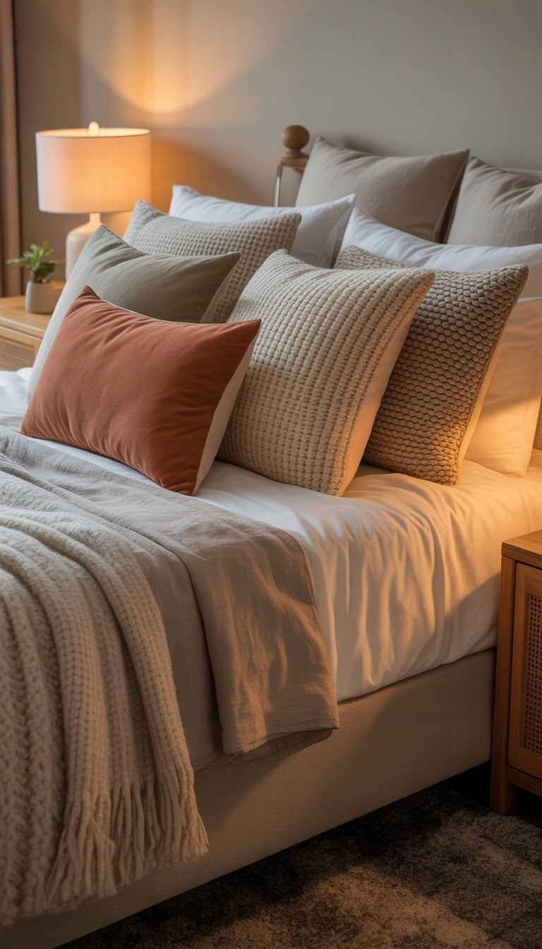 A cozy guest bedroom with a neatly made bed featuring a variety of pillows in different textures and firmness, warm lighting, and inviting decor.
