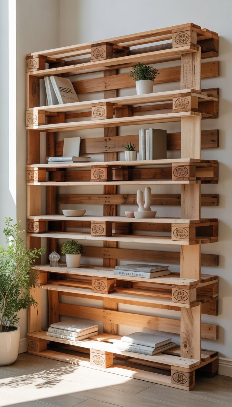 A corner shelf unit made from wooden pallets holding plants, books, and decorative items in a bright room.