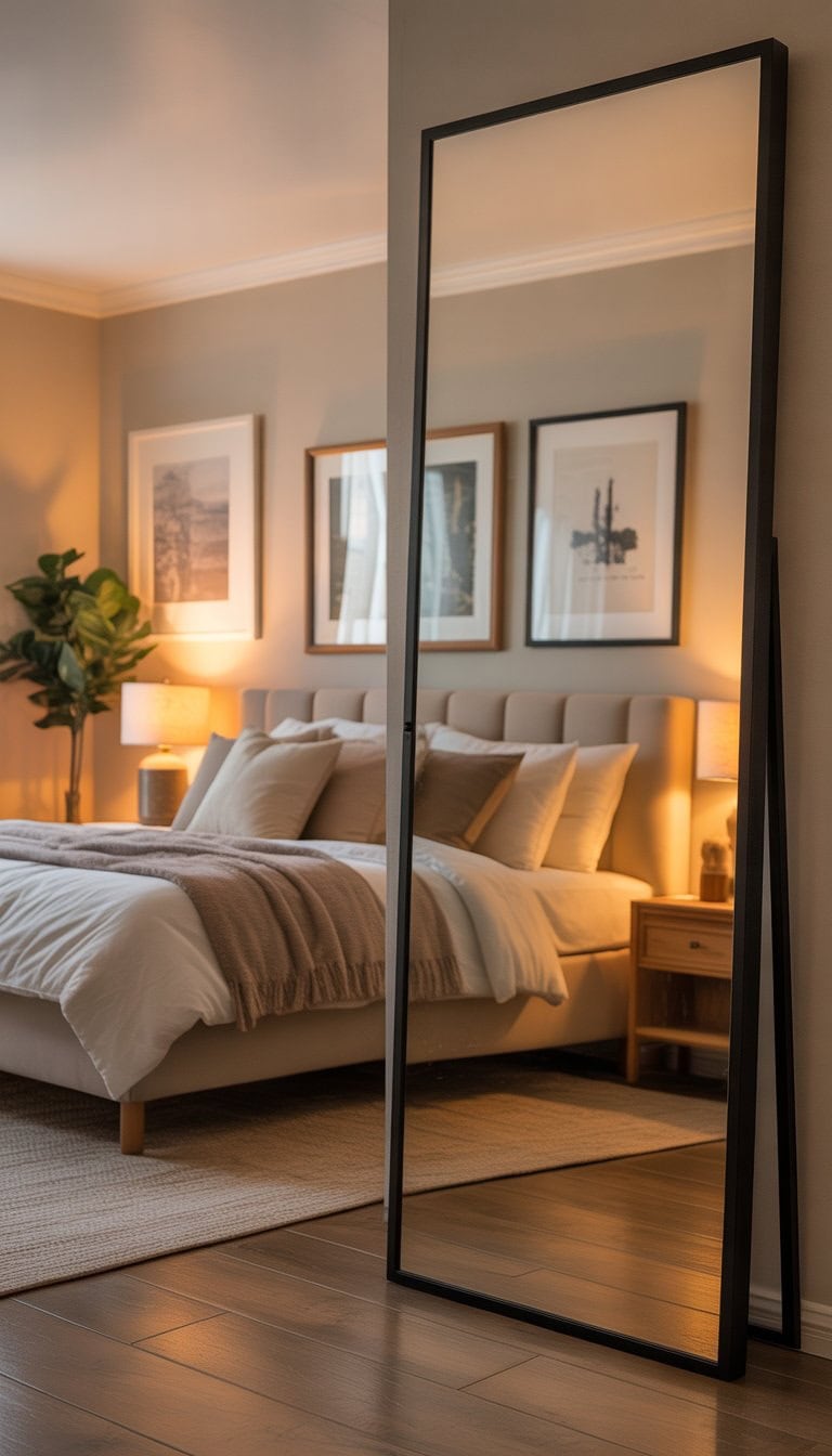 A cozy guest bedroom with a bed, bedside table, indoor plant, and a full-length mirror reflecting light to make the room appear larger.