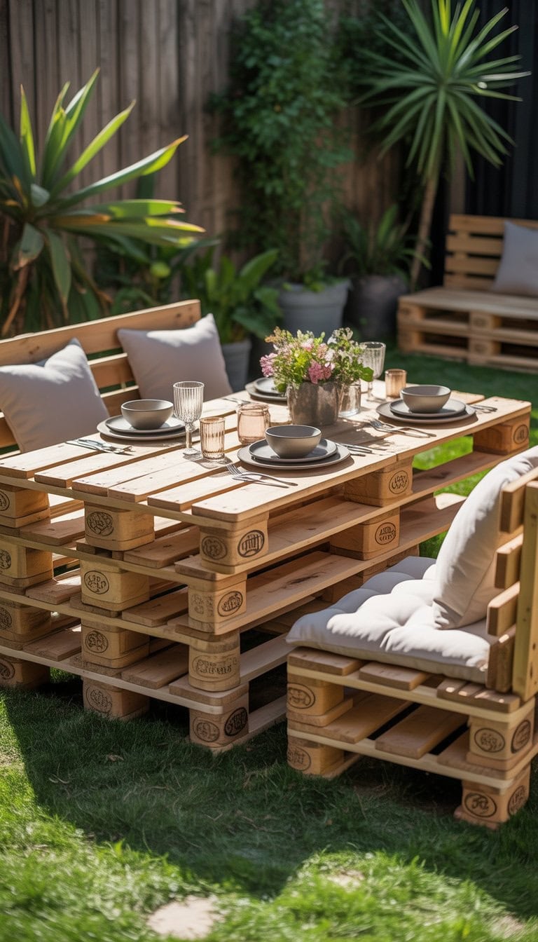 Outdoor pallet dining table with benches and cushions set in a garden with plants and grass.