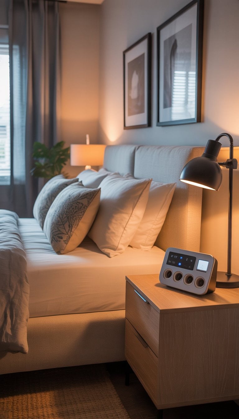 A cozy guest bedroom with a neatly made bed, bedside table with a charging station, and warm lighting.