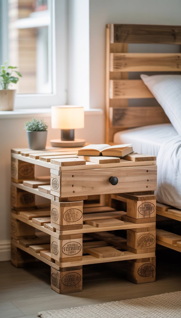 A wooden pallet bedside table with a drawer next to a bed in a bright bedroom, with a lamp, plant, and book on top.