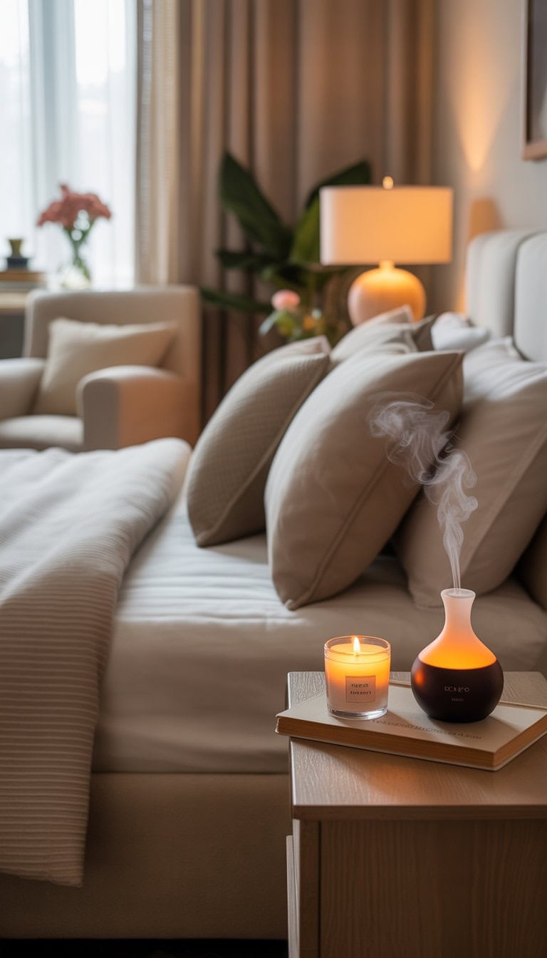 A cozy guest bedroom with a made bed, lit scented candle, essential oil diffuser, and soft natural light creating a welcoming atmosphere.