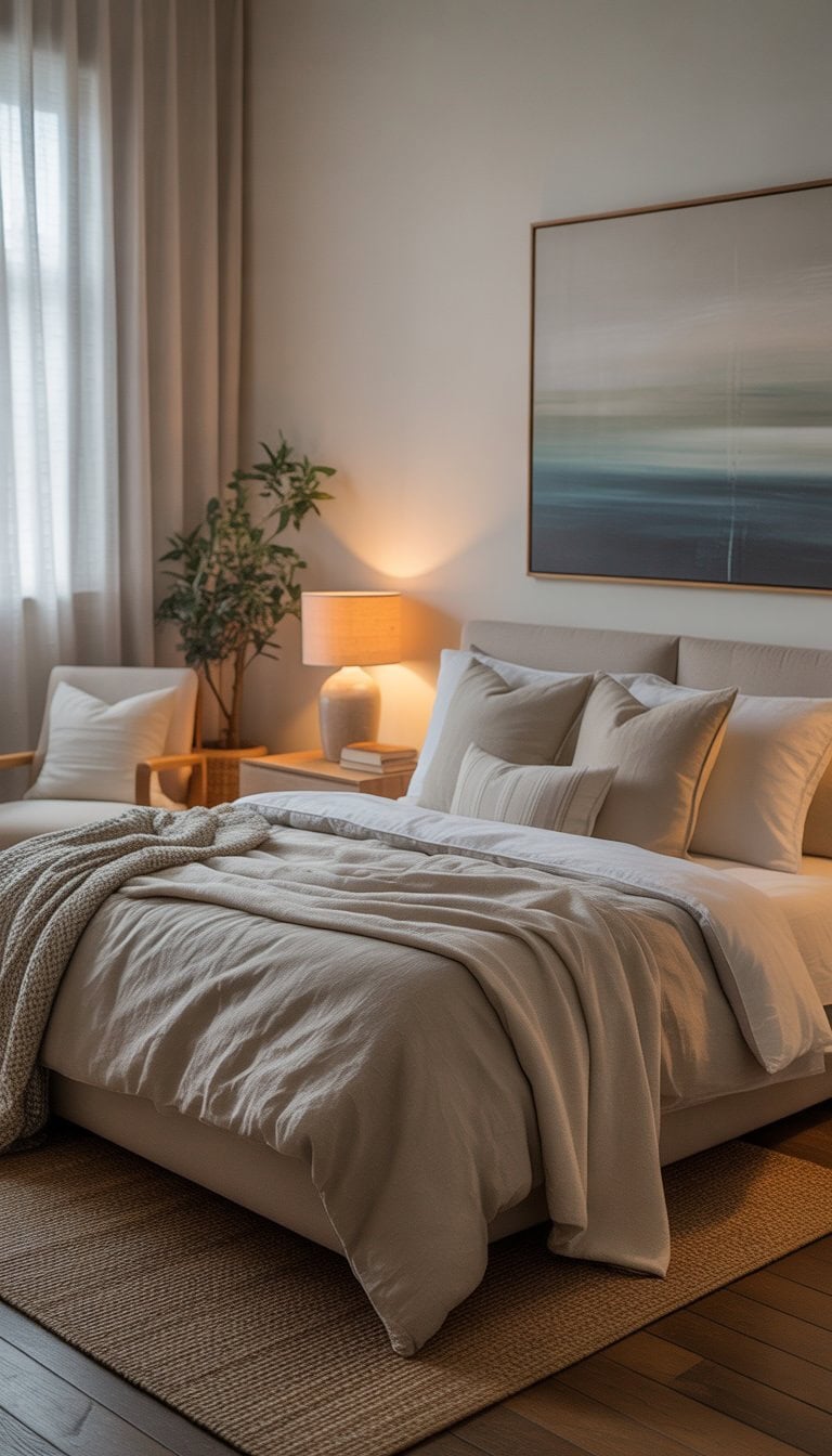 A cozy guest bedroom with a comfortable bed, calming artwork above it, soft natural light, and warm wooden floors creating a peaceful atmosphere.