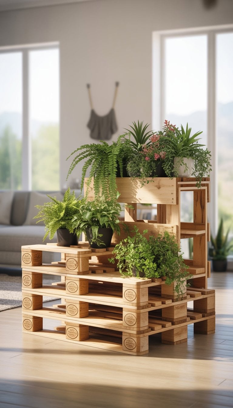 Three wooden pallet plant stands of different heights holding various green potted plants in a bright indoor room with natural light.