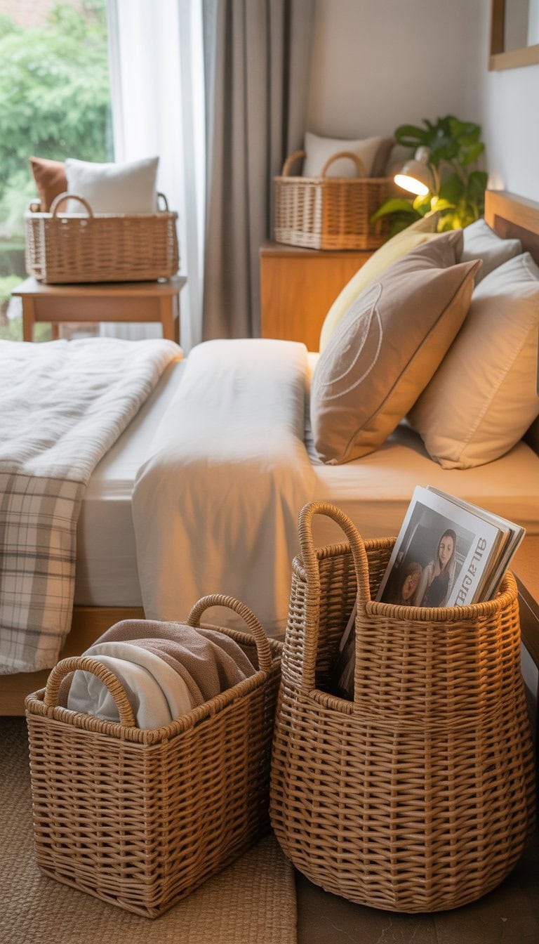 A cozy guest bedroom with a made bed, wooden furniture, woven baskets for storage, and natural light coming through a window.