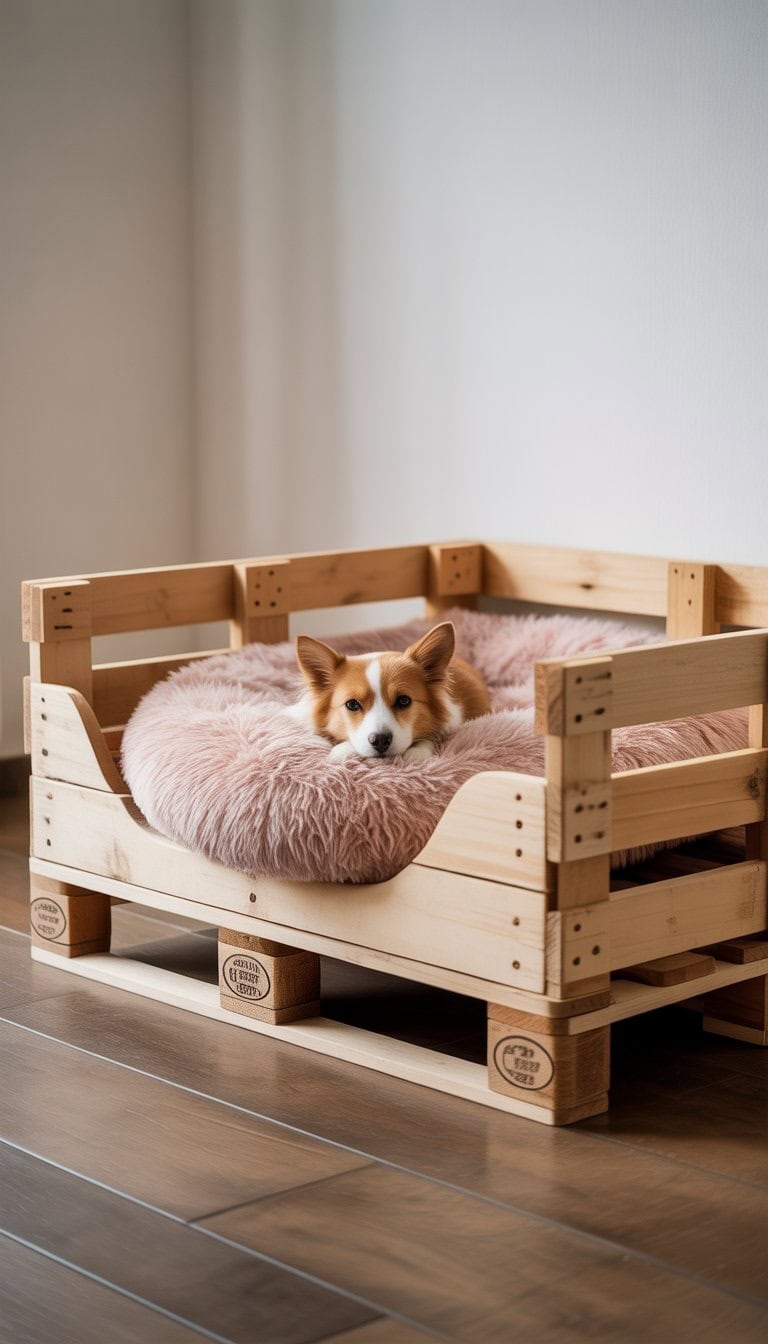 A wooden pallet pet bed with a soft pillow and a small dog resting inside on a wooden floor.