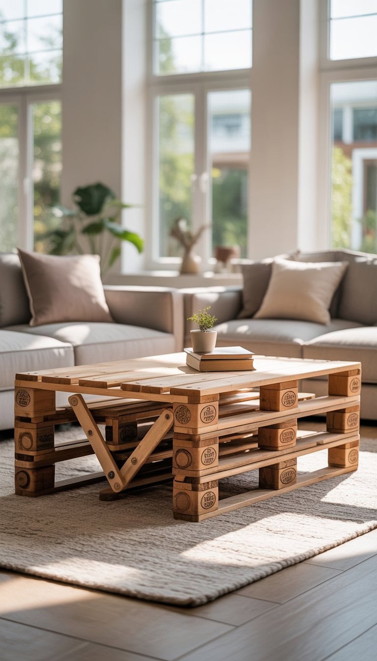 A folding coffee table made from wooden pallets in a living room with a sofa, rug, and natural light.