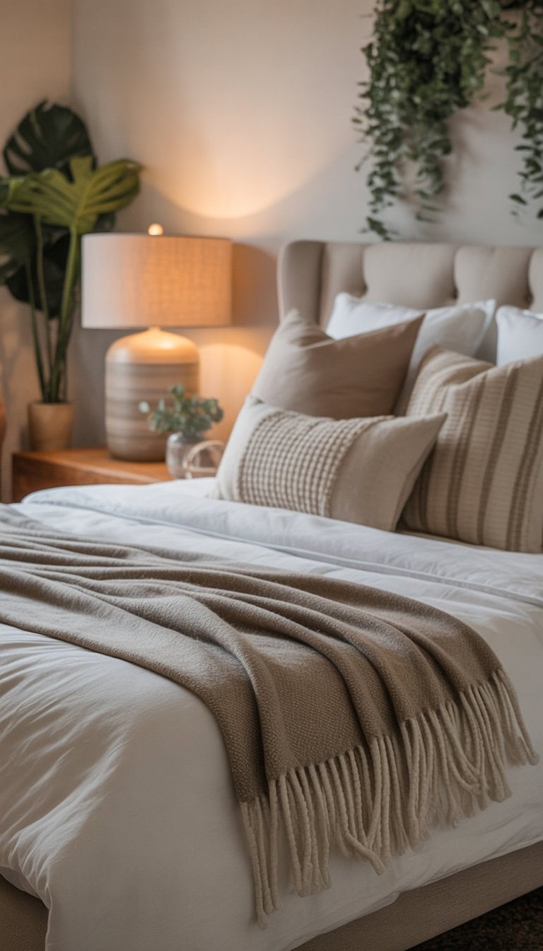 A guest bedroom with a neatly made bed and a cozy throw blanket placed at the foot of the bed.