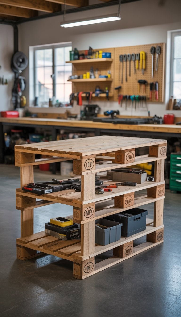 A wooden pallet workbench in a clean garage with tools and supplies organized on shelves and pegboards.
