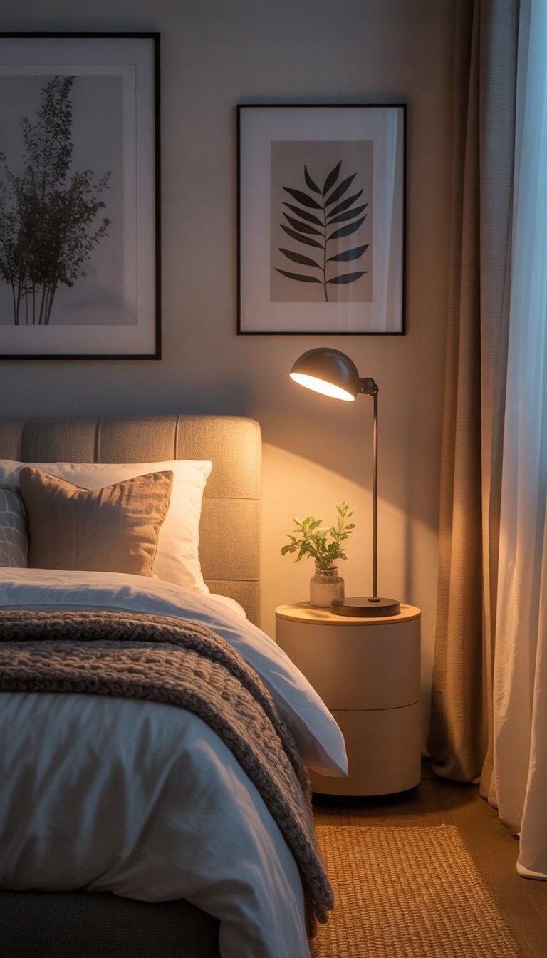 A cozy guest bedroom with a comfortable bed, bedside table with lamp, soft curtains, and adjustable warm lighting creating a welcoming atmosphere.