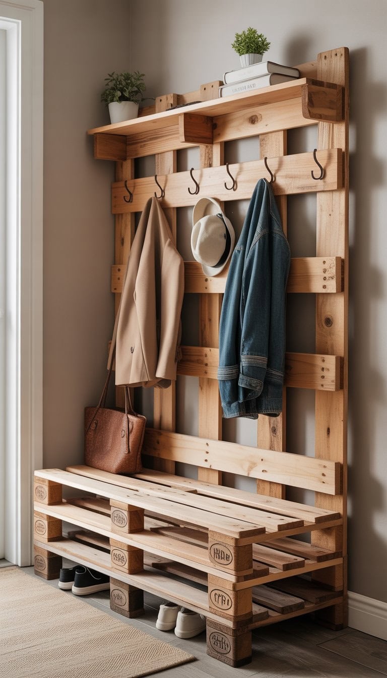 A wooden pallet entryway organizer with hooks for hanging coats and bags, a shelf with a small plant, and shoes placed neatly below it.