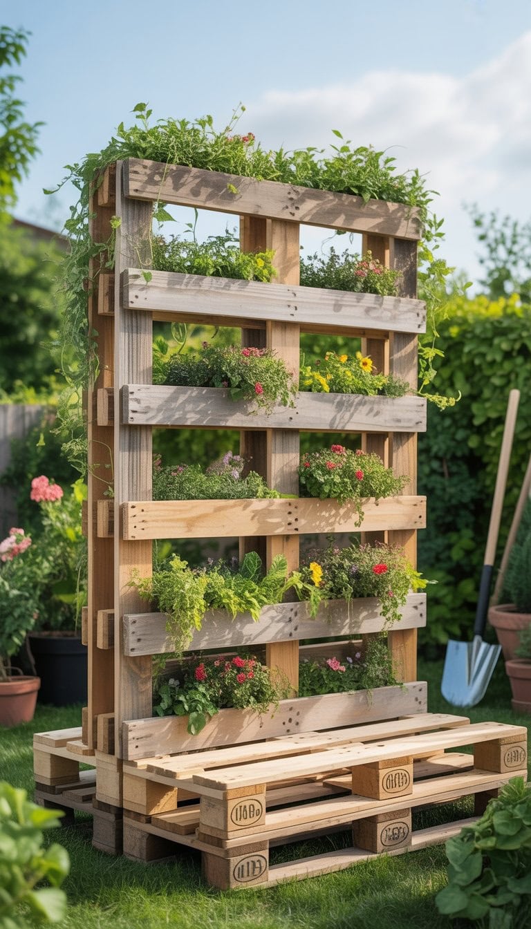 A wooden pallet garden trellis in a backyard garden with climbing plants and flowers.