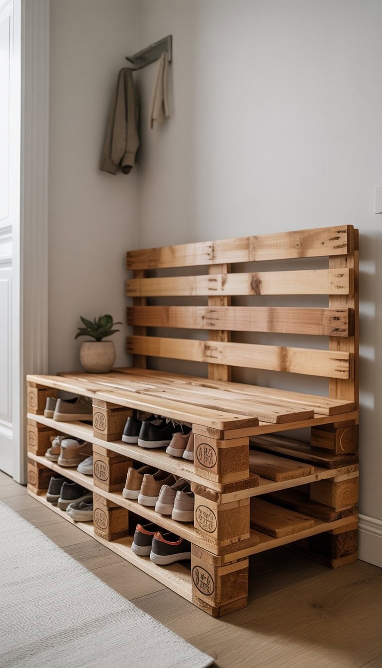 A wooden pallet shoe bench with storage compartments holding various shoes in a bright entryway.