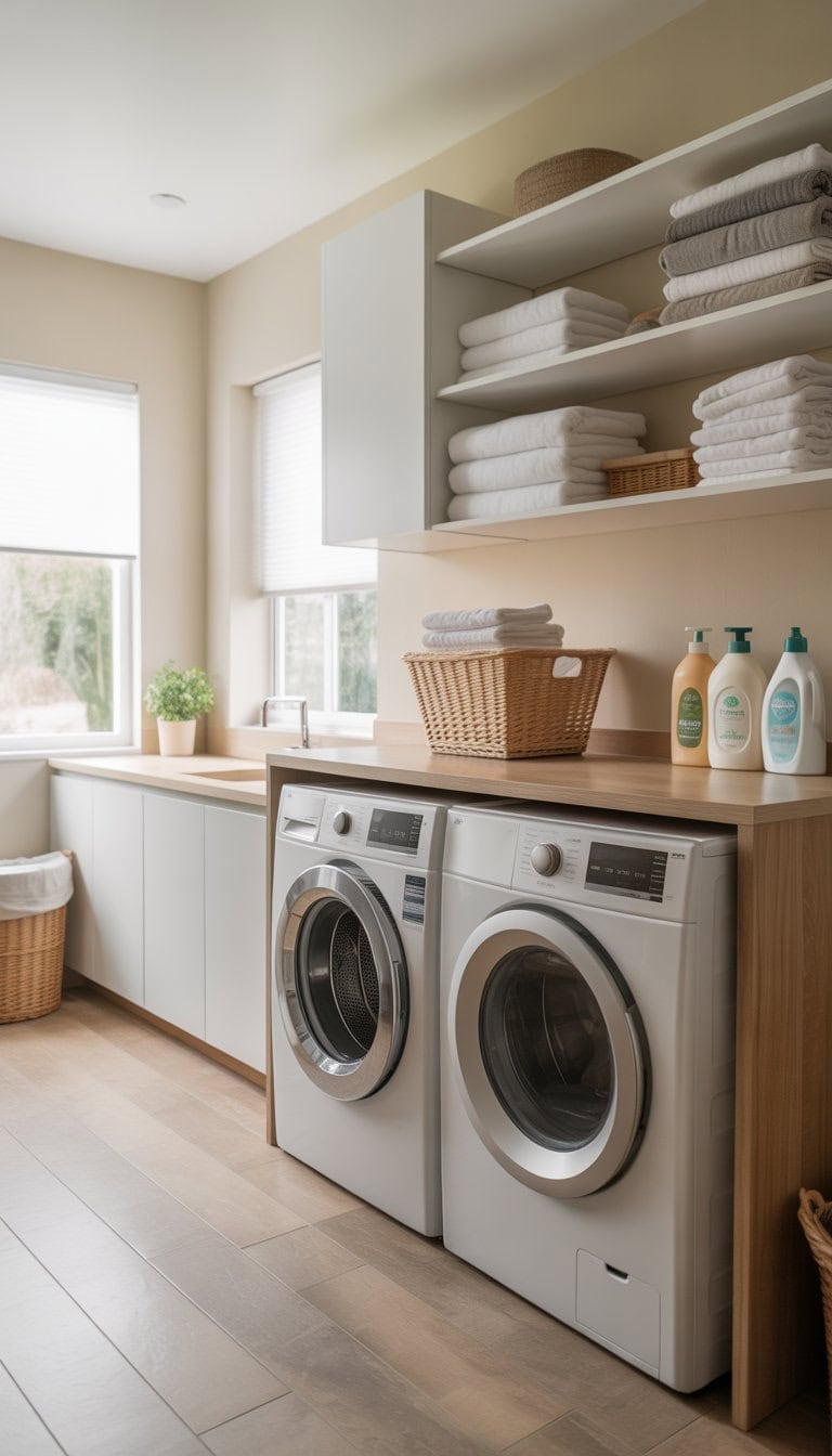 A clean and organized laundry room with a washer and dryer, shelves with folded towels and laundry supplies, a countertop, a potted plant, and natural light coming through a window.