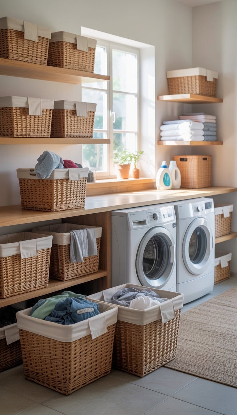 A clean and organized laundry room with multiple baskets for sorting laundry, a washing machine and dryer, shelves with folded towels and laundry supplies, and a small plant.