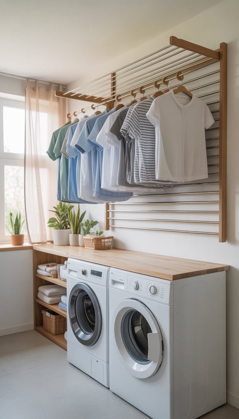 A clean laundry room with a wall-mounted drying rack holding clothes above a washing machine and dryer, with natural light and plants.