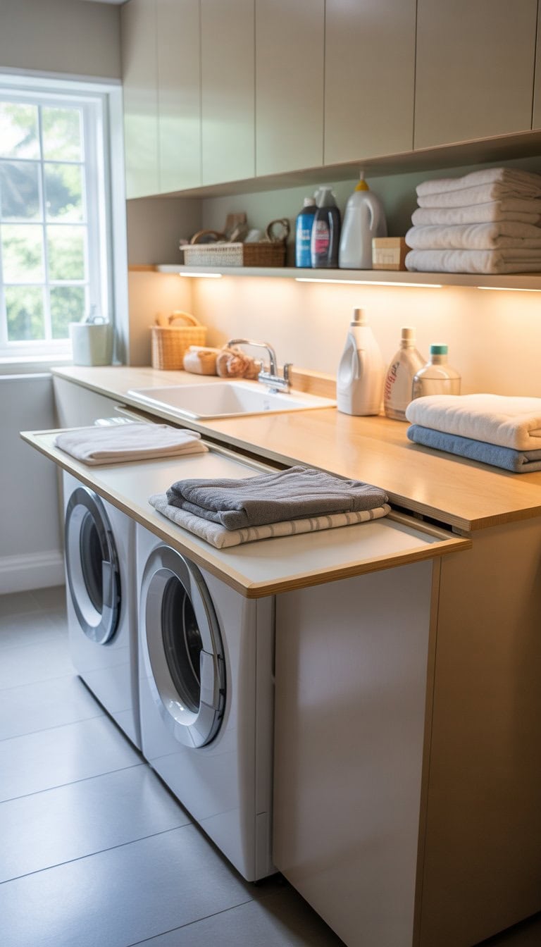 A clean laundry room with washing machines under a folding countertop, shelves with laundry supplies, and natural light coming through a window.