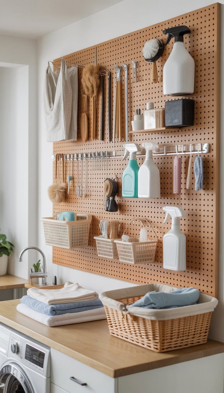 Laundry room with a pegboard on the wall holding cleaning tools and supplies above a countertop with folded laundry.