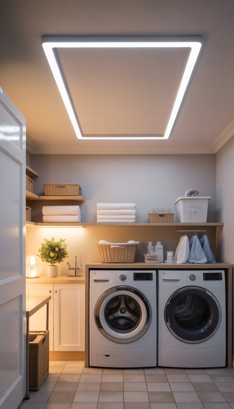 A well-lit laundry room with LED ceiling lights, washer and dryer, shelves with supplies, and a folding counter.