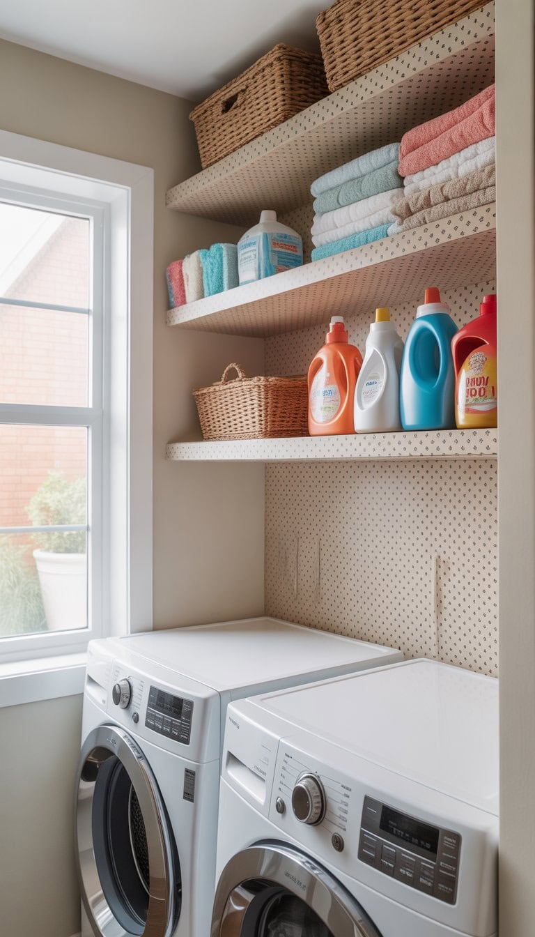 A tidy laundry room with shelves covered in patterned contact paper holding laundry supplies above a washing machine and dryer.