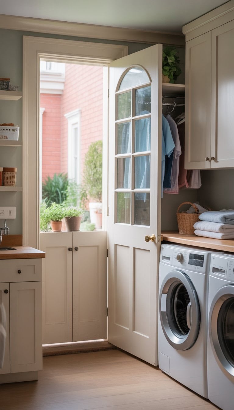A laundry room with a Dutch door open, showing washer and dryer, white cabinets, wooden countertop, and plants on the windowsill.