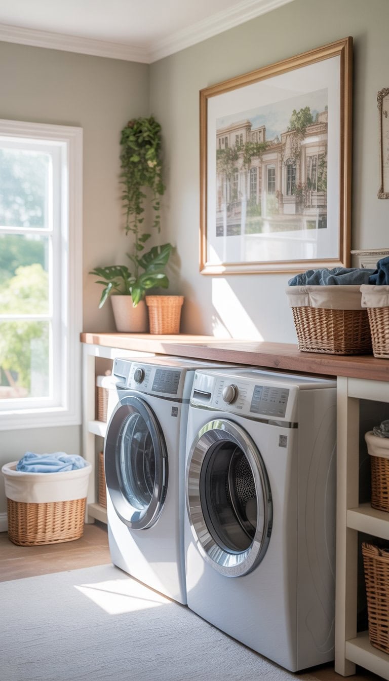 A clean laundry room with a framed artwork on the wall, washer and dryer units, shelves with laundry supplies, and a window letting in natural light.