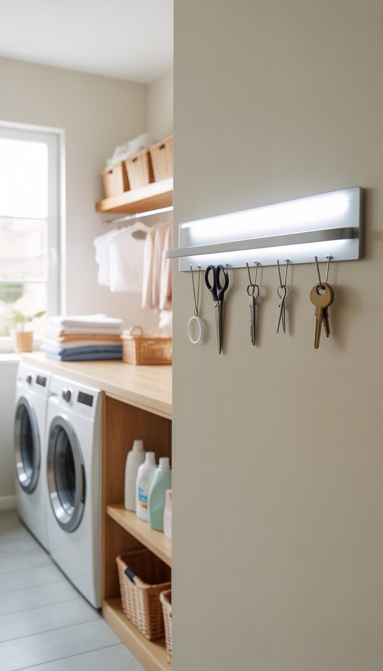 A tidy laundry room with a magnetic strip on the wall holding small metal items above a washer and dryer with laundry supplies on shelves.