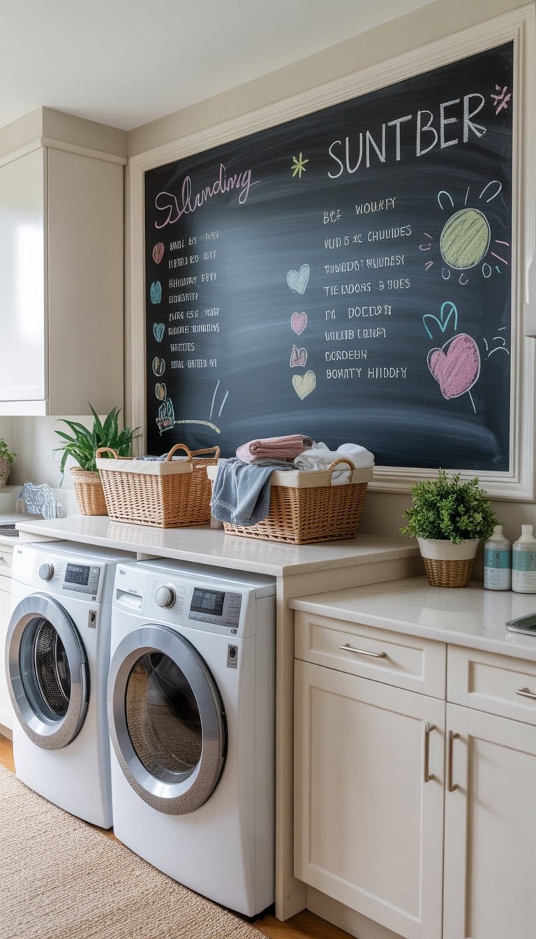 A tidy laundry room with a large chalkboard wall for notes, washer and dryer, white cabinets, and plants.