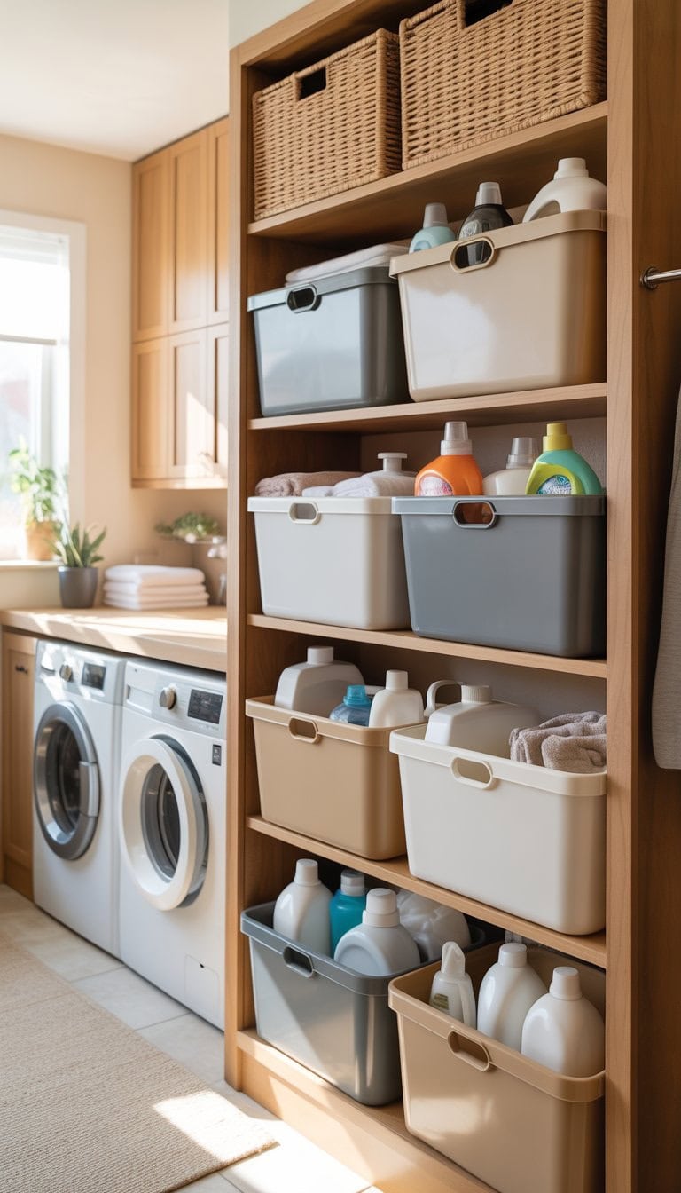 A tidy laundry room with stackable storage bins on shelves holding laundry supplies above a washer and dryer.
