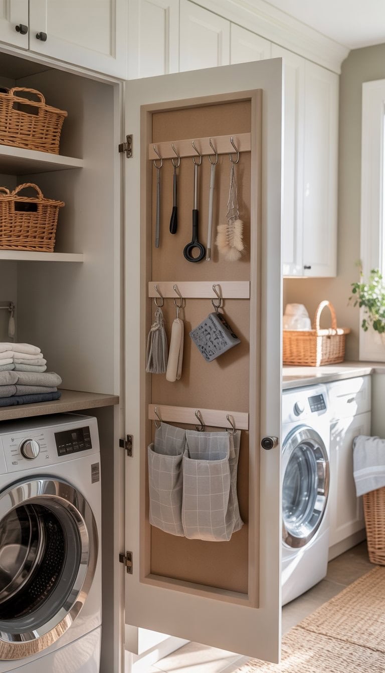 Open cabinet door in a laundry room with hooks holding cleaning tools and accessories, next to a washer and dryer and folded clothes on a countertop.