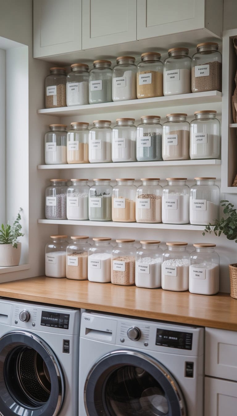 A clean laundry room with clear jars filled with detergent on white shelves above a washing machine and dryer, with a small plant nearby.