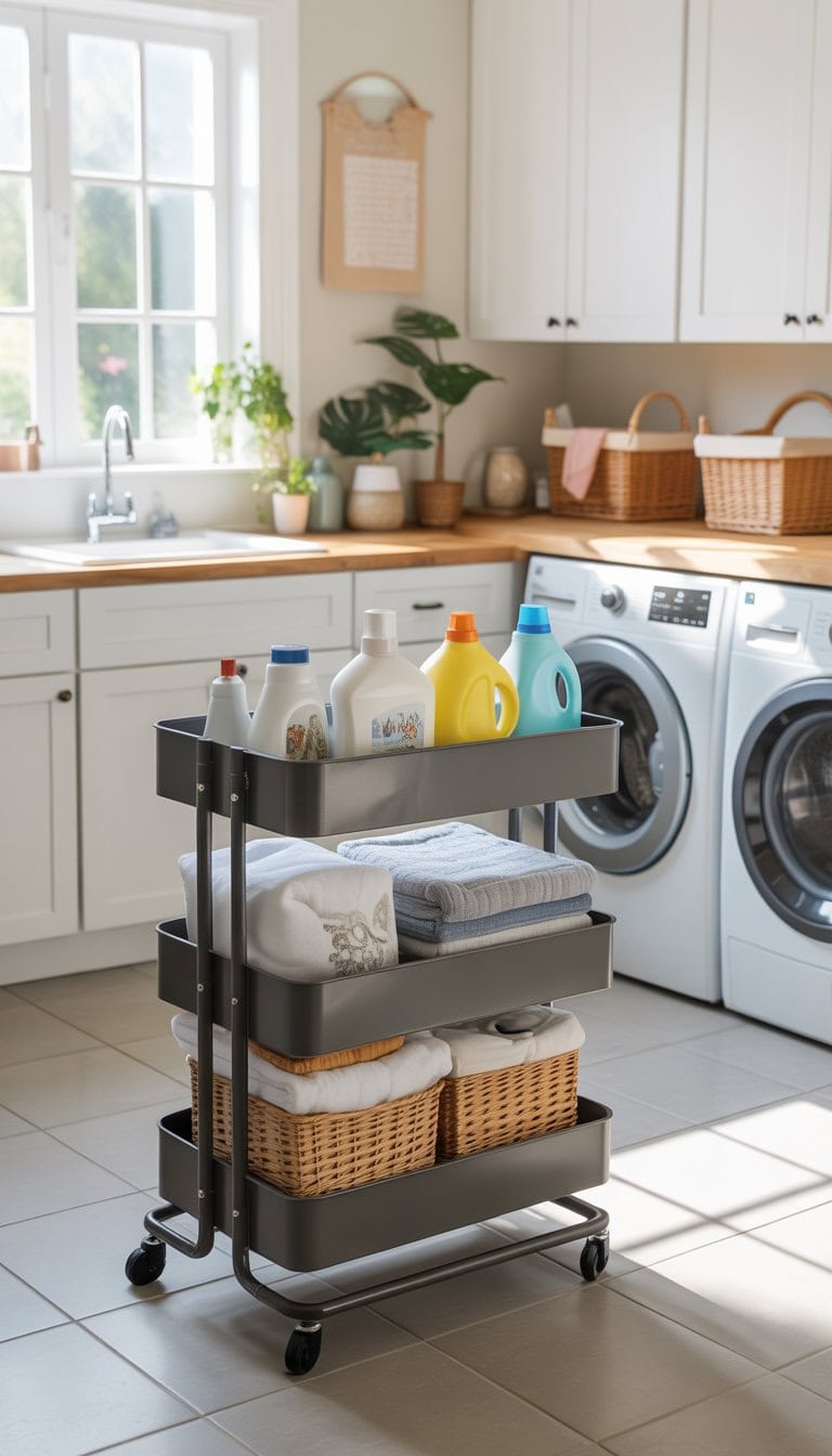 A tidy laundry room with a rolling cart holding laundry supplies next to a washing machine and dryer.
