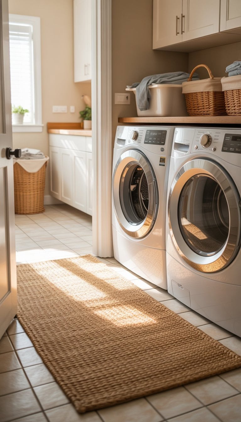 Laundry room with washing machine and dryer, light tiled floor partially covered by a warm-colored rug, white cabinets, and laundry baskets.