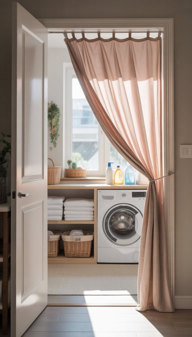A laundry room with a curtain instead of a door, showing a washing machine, dryer, shelves with laundry supplies, and natural light coming through a window.