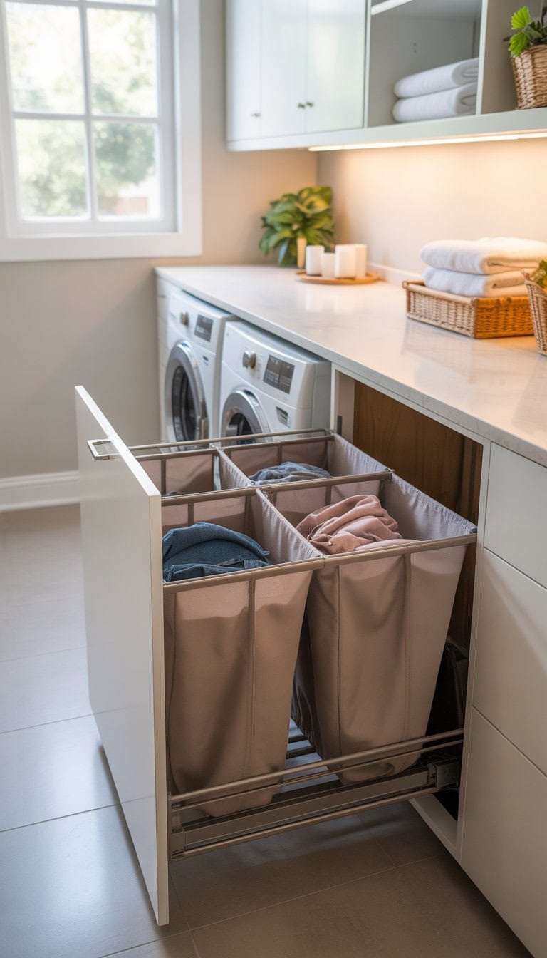 A clean and organized laundry room with built-in pull-out hampers for sorting laundry, a washing machine and dryer, and natural light coming through a window.