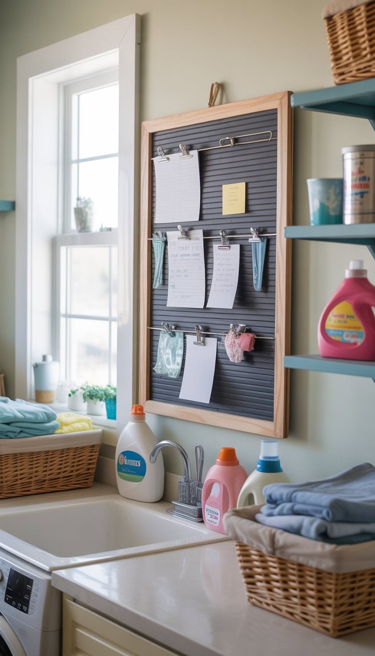 A tidy laundry room with a washboard repurposed as a memo station holding notes and laundry accessories, surrounded by shelves with laundry supplies and baskets.