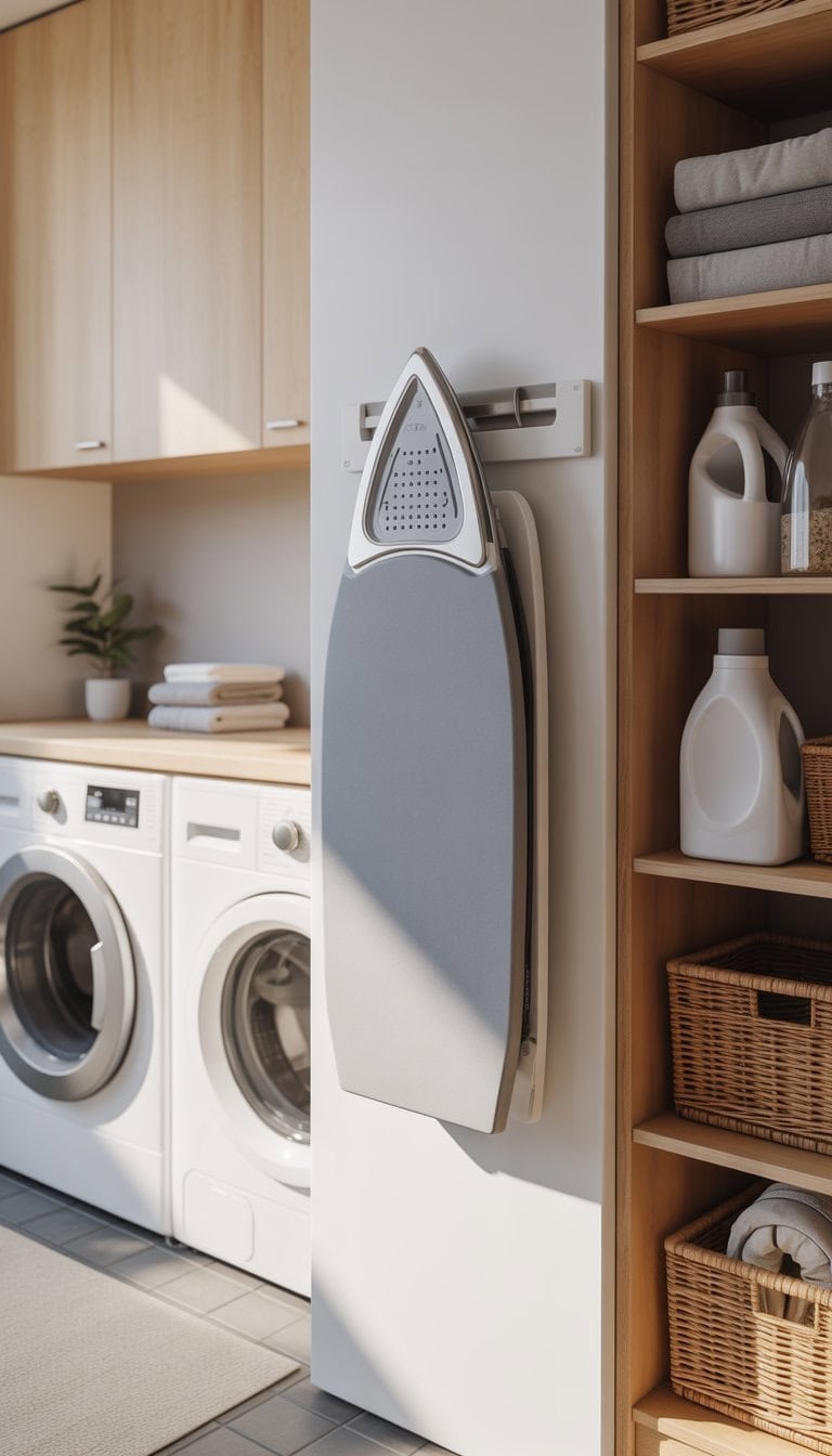 A bright laundry room with a small ironing board mounted on the wall, washing machine and dryer, shelves with laundry supplies, and tidy organization.