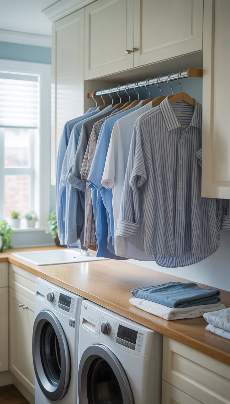 Laundry room with a tension rod holding shirt hangers and freshly washed clothes, next to a washing machine and dryer.