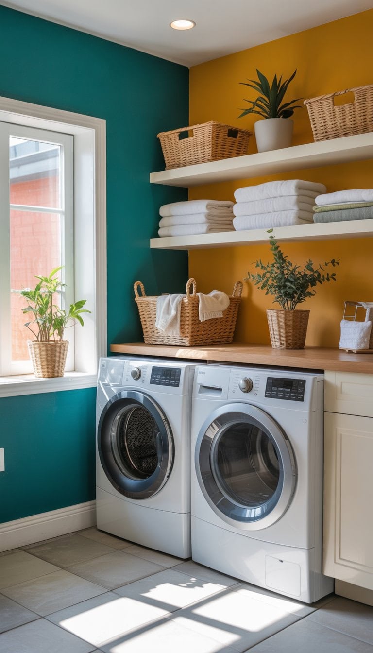 A laundry room with a bold colored accent wall, washing machine, dryer, shelves with folded towels, and natural light coming through a window.