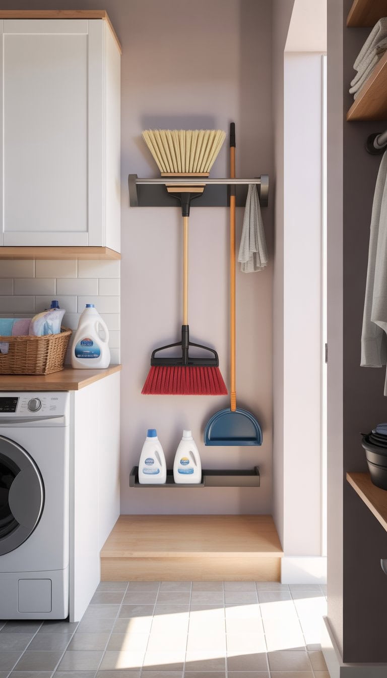 A tidy laundry room nook with a broom and mop stored on a wall-mounted rack, shelves holding laundry supplies, and natural light coming through a window.