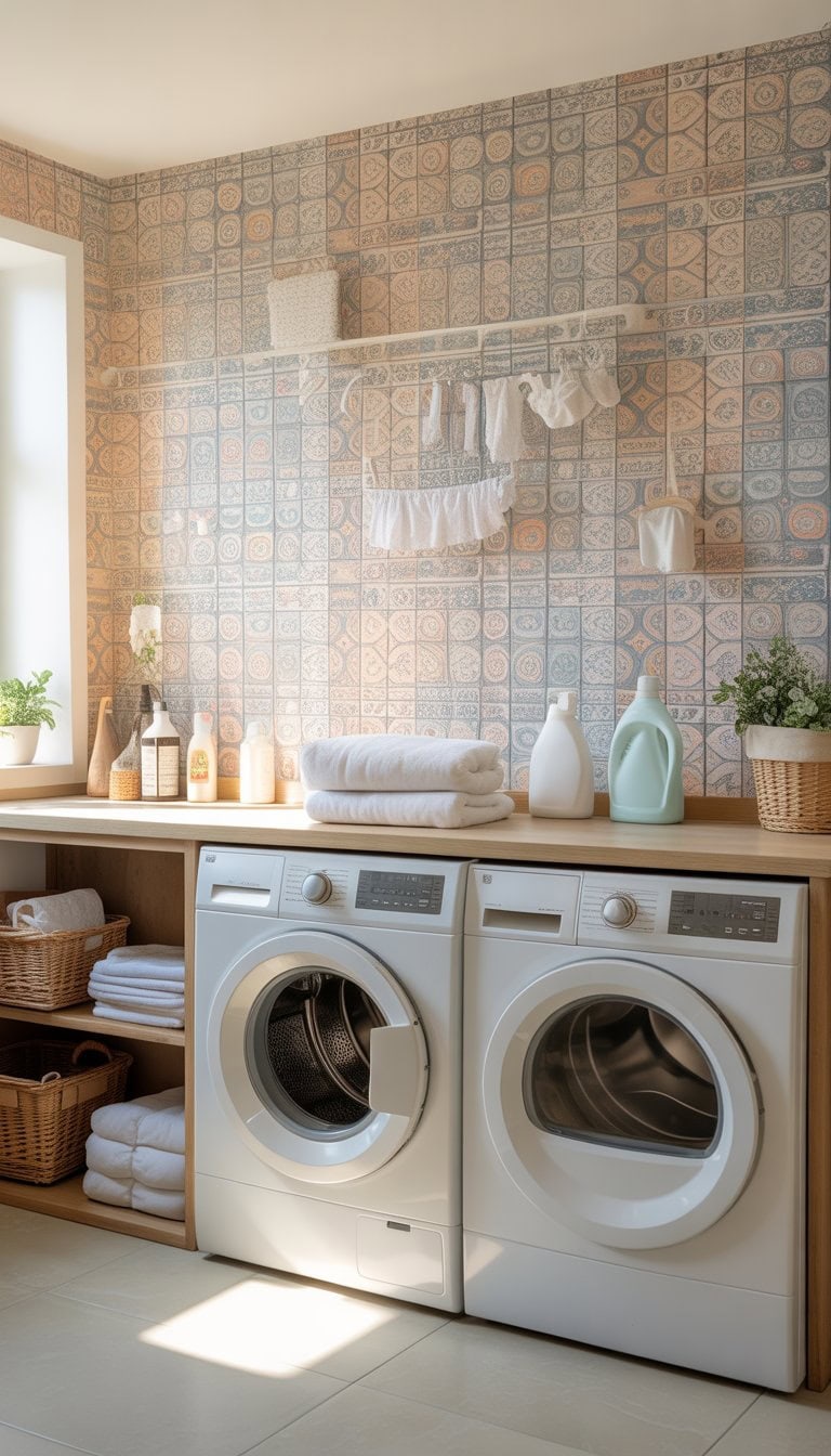 A clean laundry room with patterned wallpaper, washing machine and dryer, shelves with laundry supplies, and natural light coming through a window.