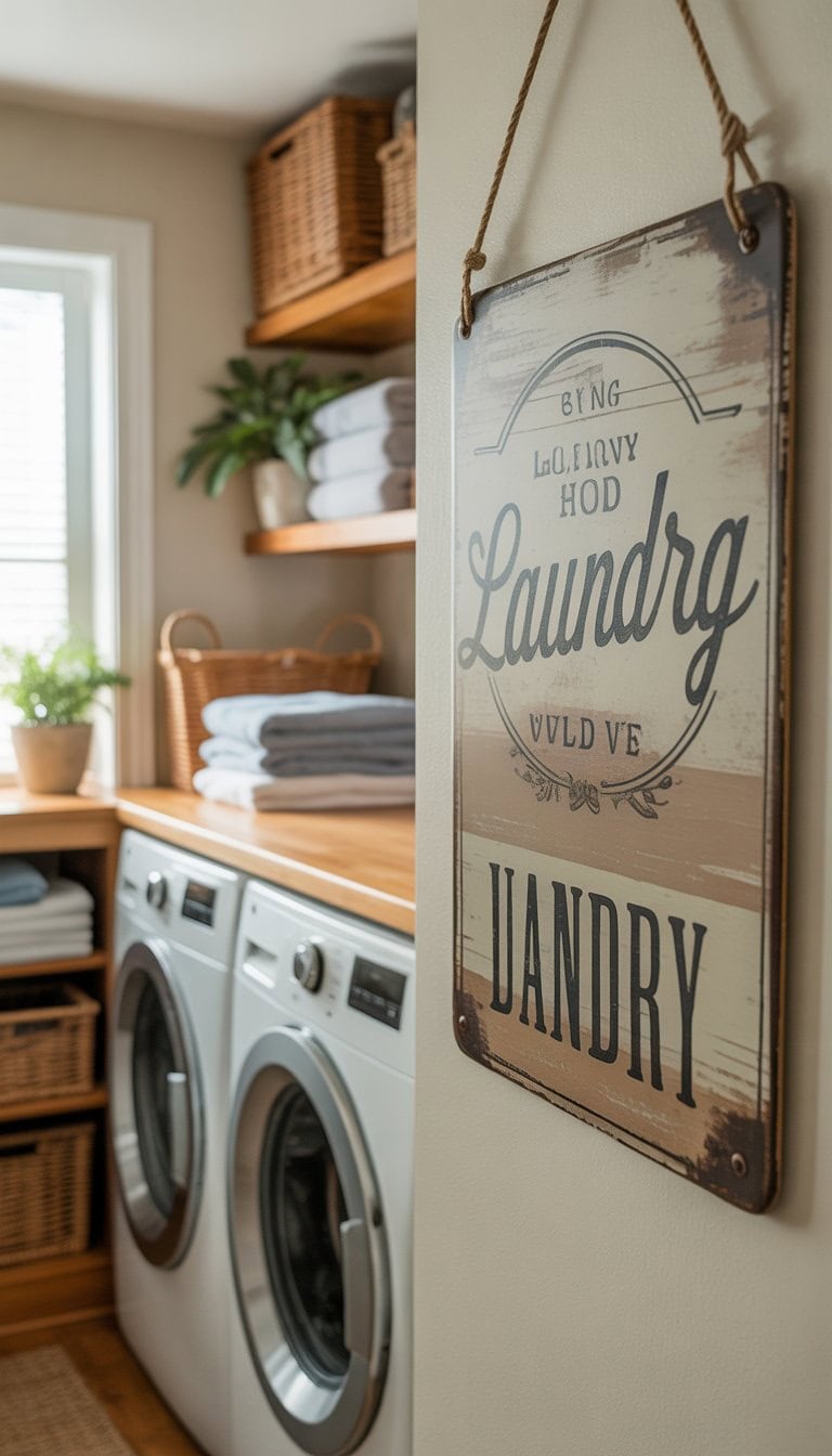 A bright and tidy laundry room with a front-loading washer and dryer, wooden shelves with folded clothes and baskets, a vintage decorative sign on the wall, and natural light coming through a window.
