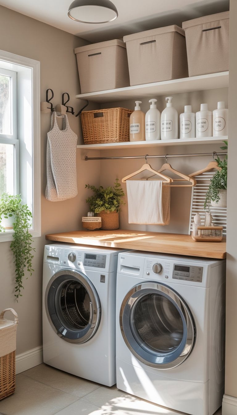 A clean and organized laundry room with washer and dryer, shelves with storage containers, a folding countertop, and natural light coming through a window.