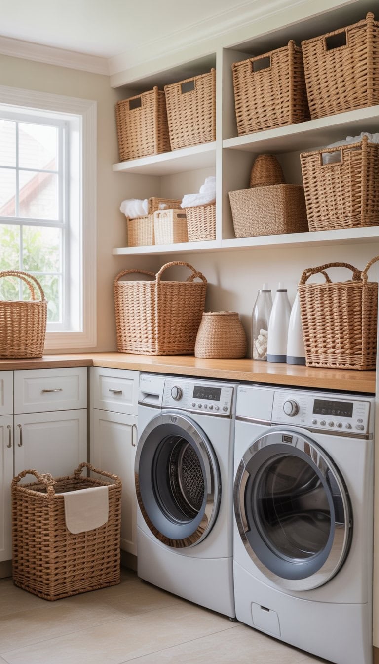 A tidy laundry room with decorative woven baskets used for kindling storage, a washer and dryer, white cabinets, and shelves with laundry supplies.