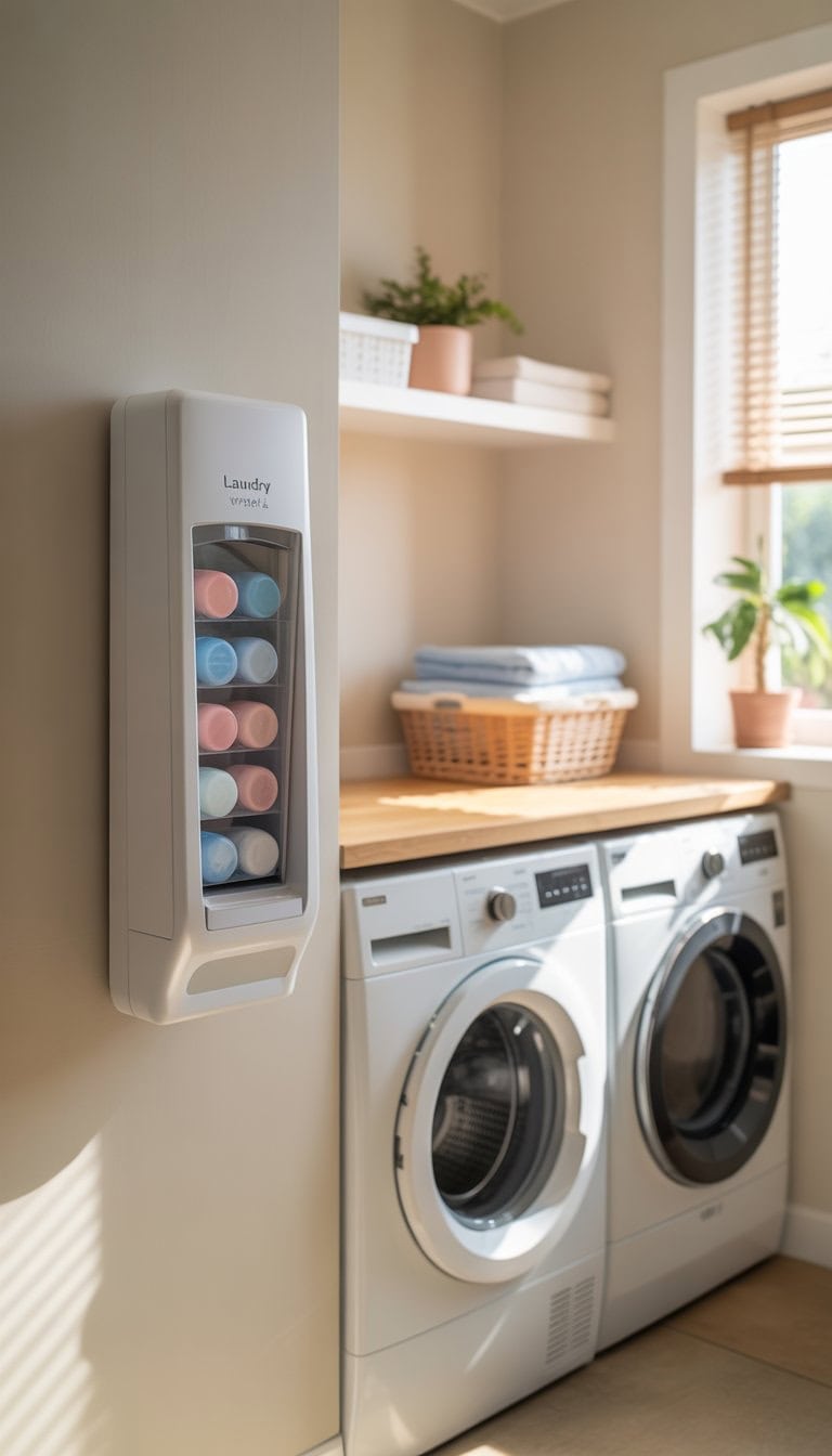 A clean and organized laundry room with a slim laundry pod dispenser mounted on the wall next to a washing machine and dryer.